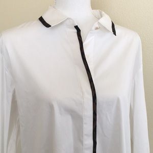 DKNY Button Down Blouse with Animal Print Trim